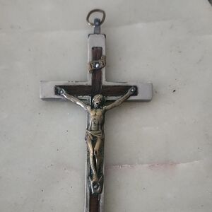 Vintage Italy Silver Tone & Brown Large Crucifix Pendant